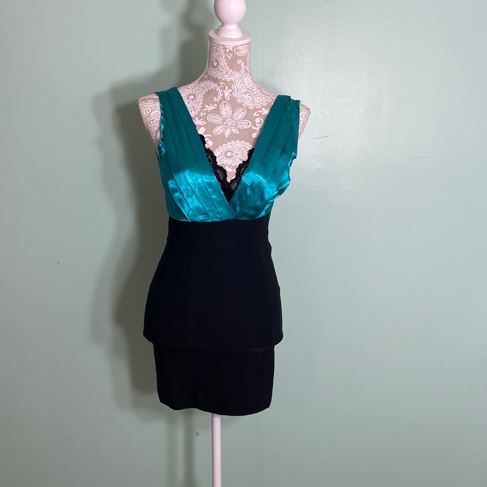 Teal green and black mini dress